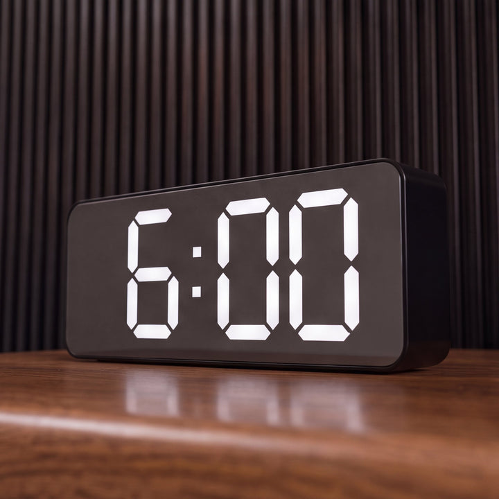 Modern Digital Alarm Clock with Curved Mirror Screen LED Display Adjustable Temperature Feature