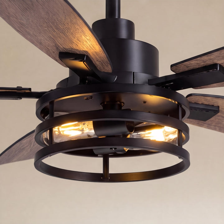 Modern Black Ceiling Fan with Remote Control Adjustable Height Wood Blades and LED Lights