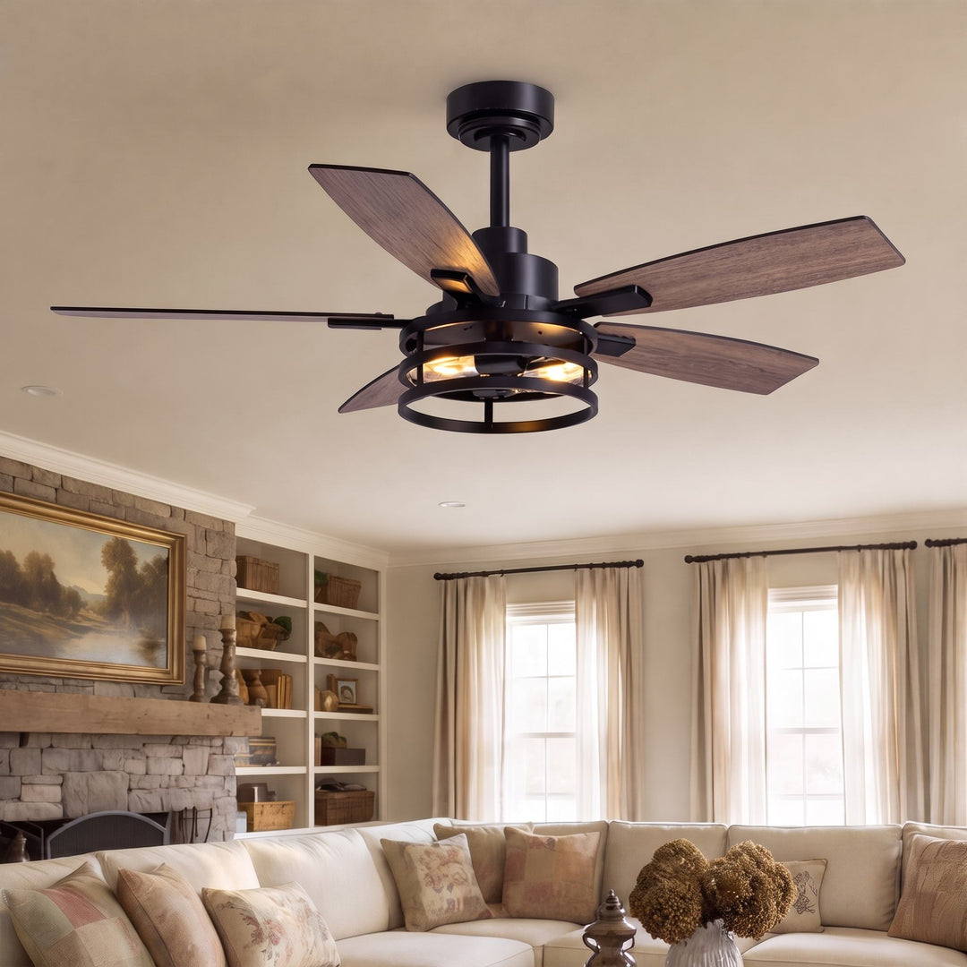 Modern Black Ceiling Fan with Remote Control Adjustable Height Wood Blades and LED Lights