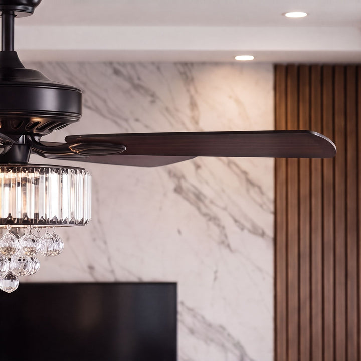 Black Modern Ceiling Fan with Lights Flush Mount Crystal Blades and 6 Speed Settings