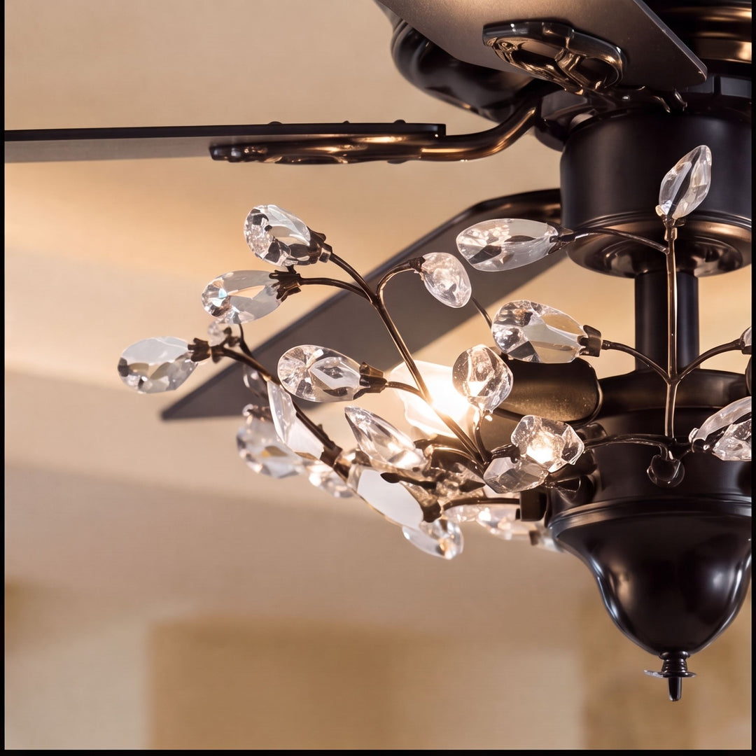 Modern Black Ceiling Fan with Crystal Shade Flush Mount LED Remote Control and Reversible Blades