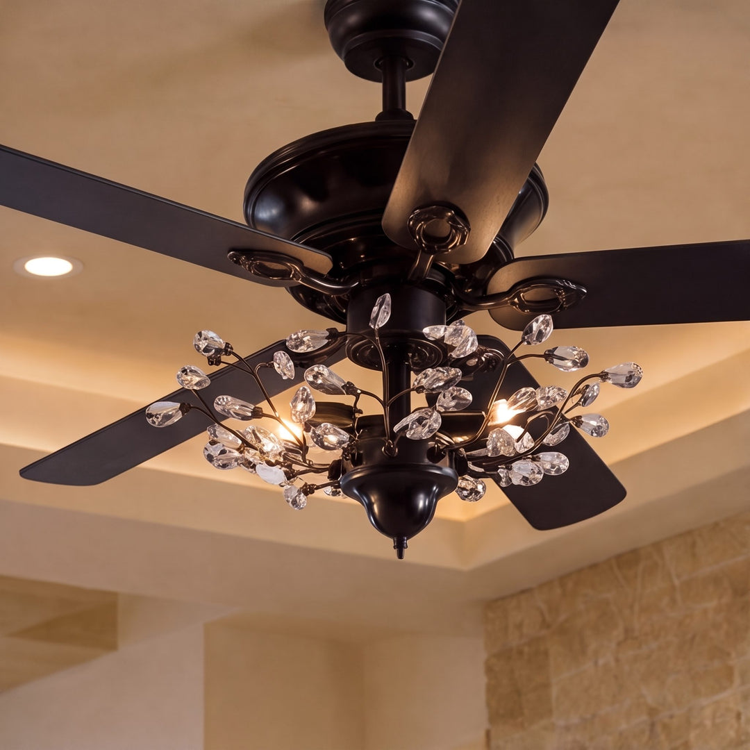Modern Black Ceiling Fan with Crystal Shade Flush Mount LED Remote Control and Reversible Blades