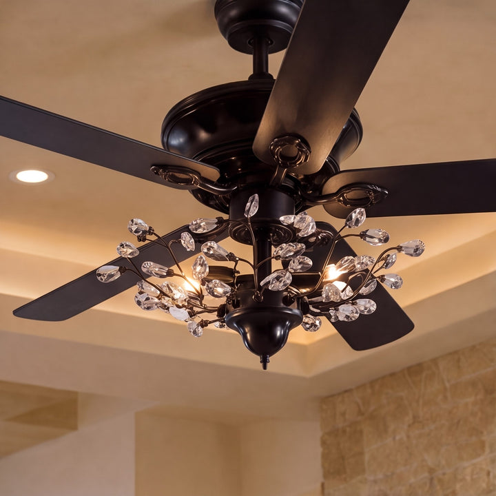 Modern Black Ceiling Fan with Crystal Shade Flush Mount LED Remote Control and Reversible Blades