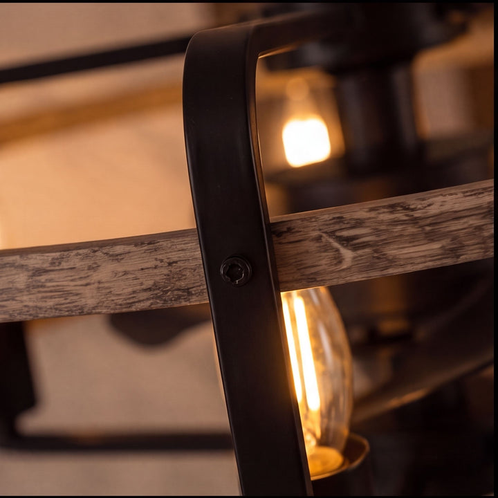 Industrial Ceiling Fan with Lights Flush Mount Metal Walnut Finish Remote Control Adjustable Speed