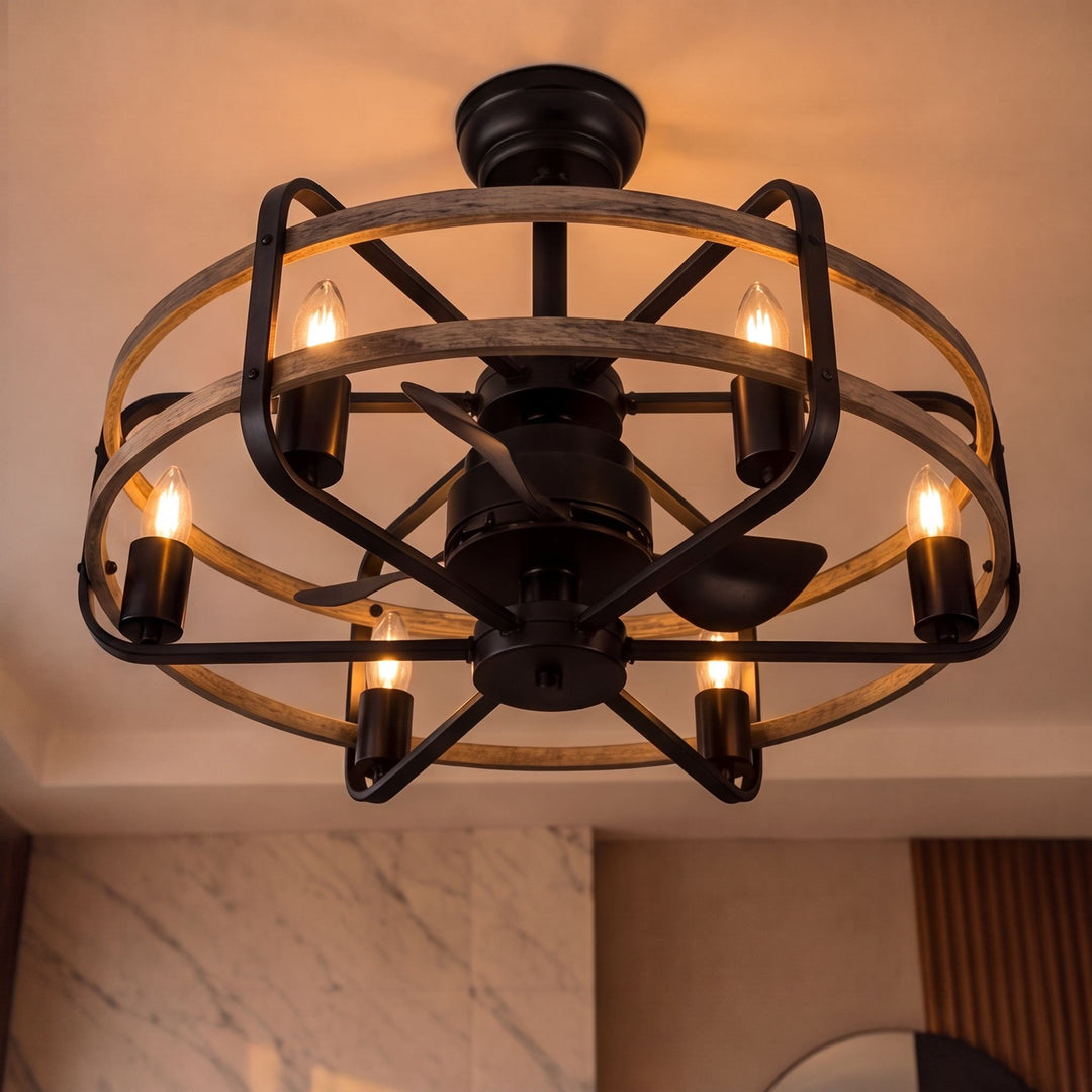 Industrial Ceiling Fan with Lights Flush Mount Metal Walnut Finish Remote Control Adjustable Speed
