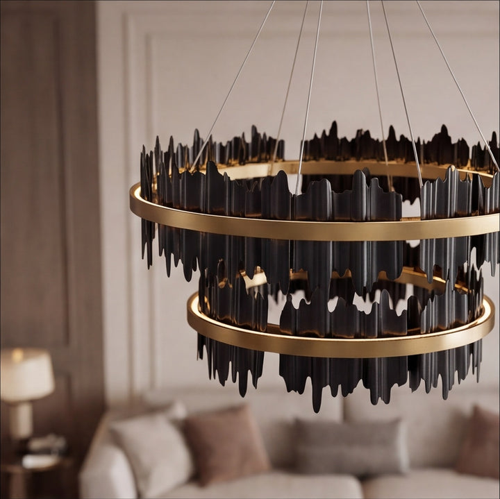 Modern Chandelier Adjustable Height Metal LED Dimmable Black Gold Finish Hanging Light Fixture