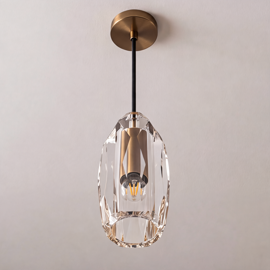 Modern Faceted Crystal Pendant Light with Antique Brass Finish – G4 Hanging Ceiling Light