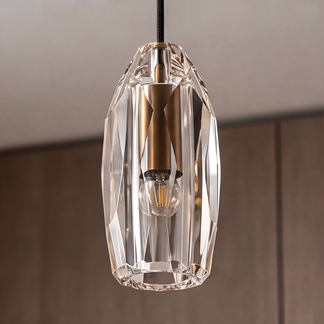 Modern Faceted Crystal Pendant Light with Antique Brass Finish – G4 Hanging Ceiling Light