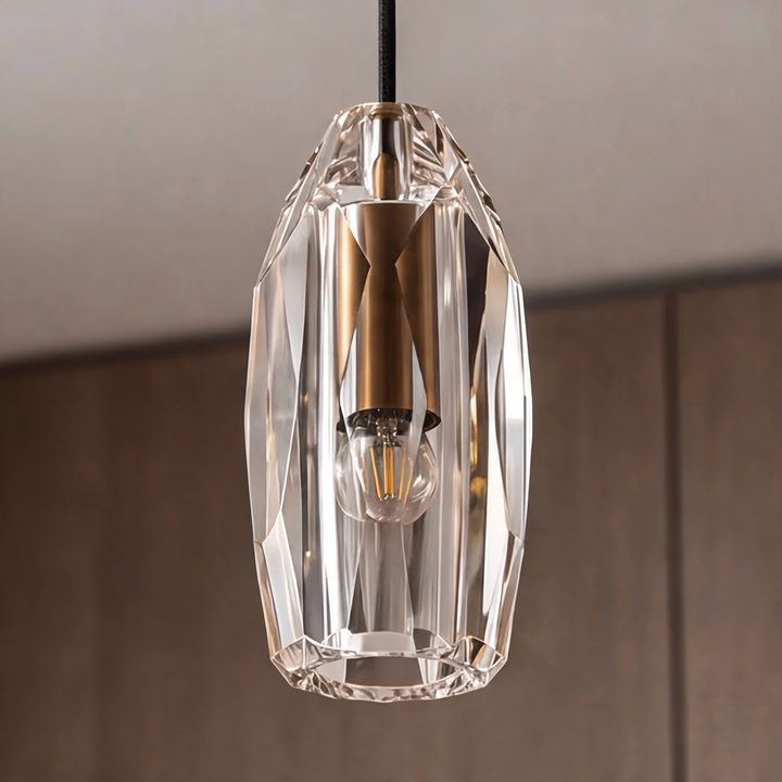 Modern Faceted Crystal Pendant Light with Antique Brass Finish – G4 Hanging Ceiling Light