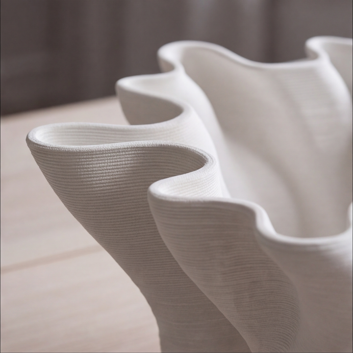 Modern Sculptural Vase 3D Printed Fluted Design White Decorative Bowl 24 cm