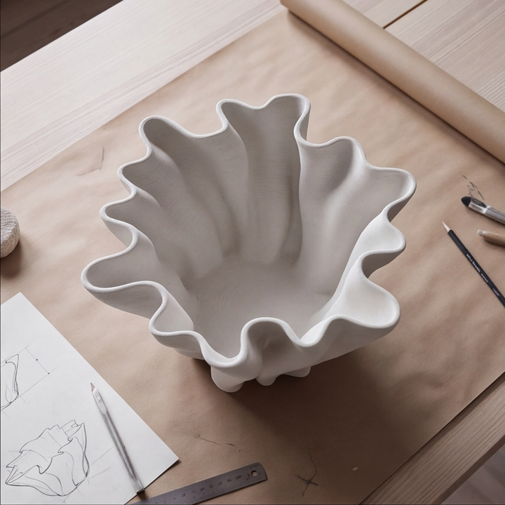 Modern Sculptural Vase 3D Printed Fluted Design White Decorative Bowl 24 cm