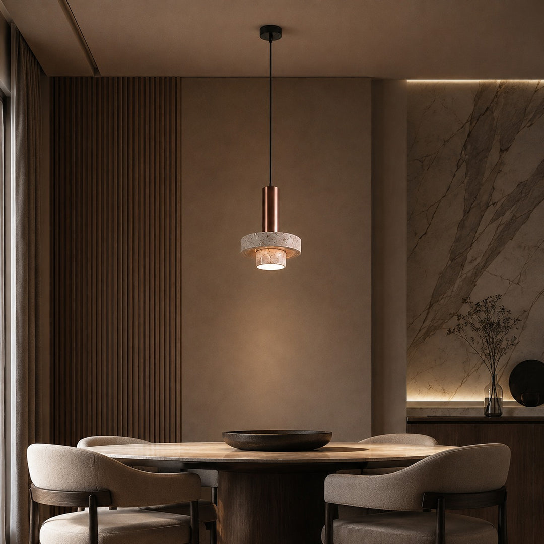 Modern Pendant Lamp Hanging Terrazzo and Metal Construction Adjustable Height for Indoor Use