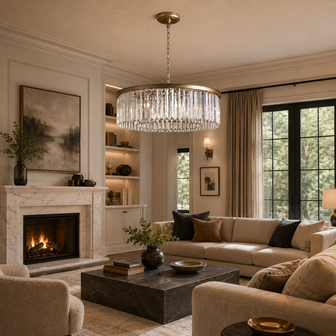 Large 84cm Round K9 Crystal Chandelier – Brass or Bronze 8-Light Art Deco Ceiling Pendant