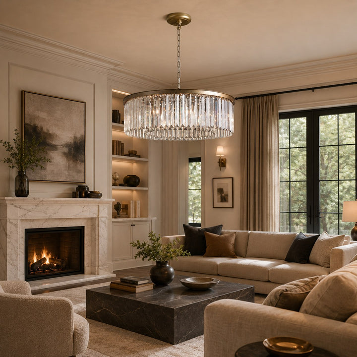 Large 84cm Round K9 Crystal Chandelier – Brass or Bronze 8-Light Art Deco Ceiling Pendant