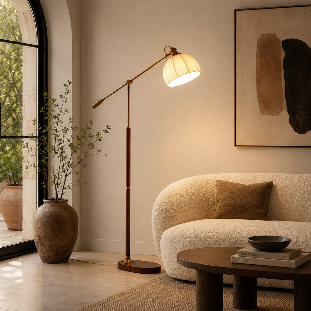 Industrial Floor Lamp Adjustable Height Metal and Wood Construction Dimmable LED for Living Room