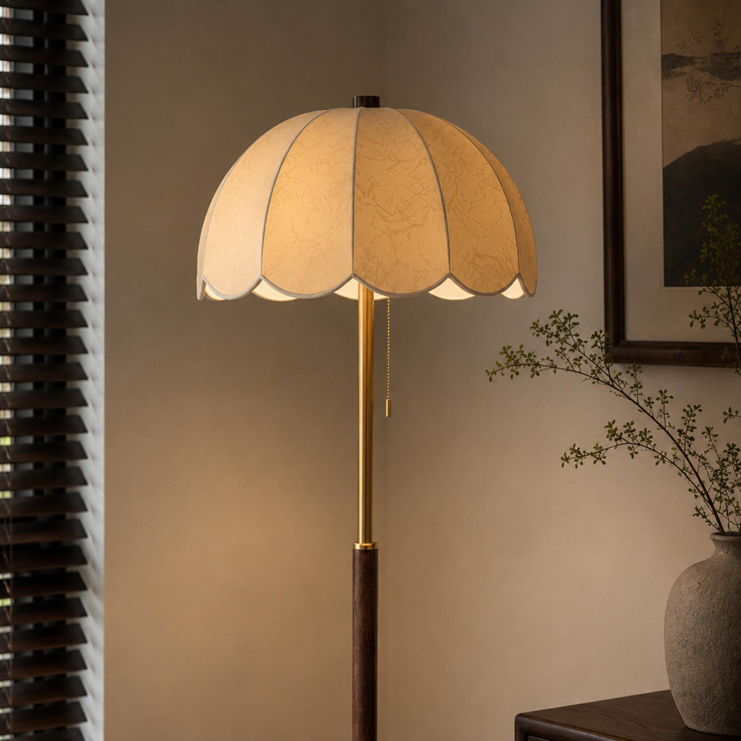 Modern Floor Lamp with Wooden Base and Fabric Shade Adjustable Height E14 Bulb for Living Room