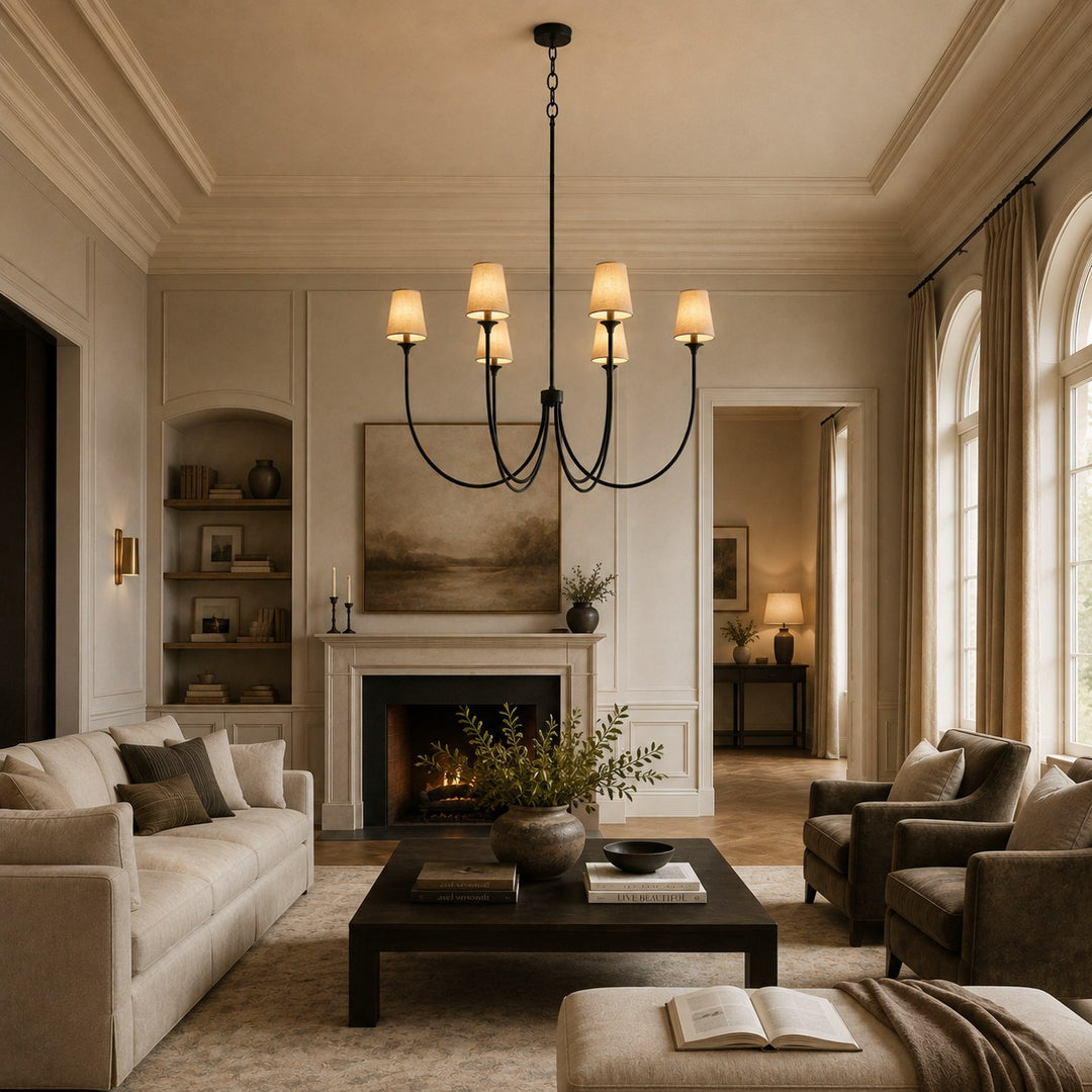 Large Round Chandelier with Off-White Shades – Brass or Bronze
