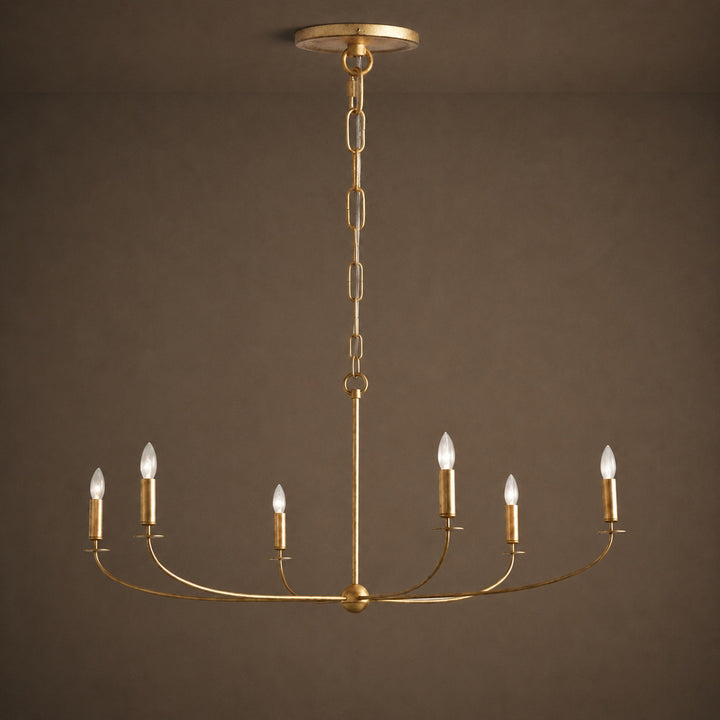 Large Antique Gold Leaf Round Chandelier – 6 or 8 Light Iron Dining Room Ceiling Light