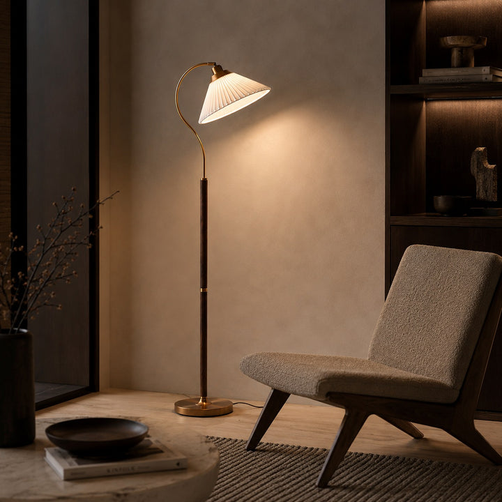 Modern Floor Lamp with Pleated Shade and Wooden Base Adjustable Height for Indoor Use AC 110-240V