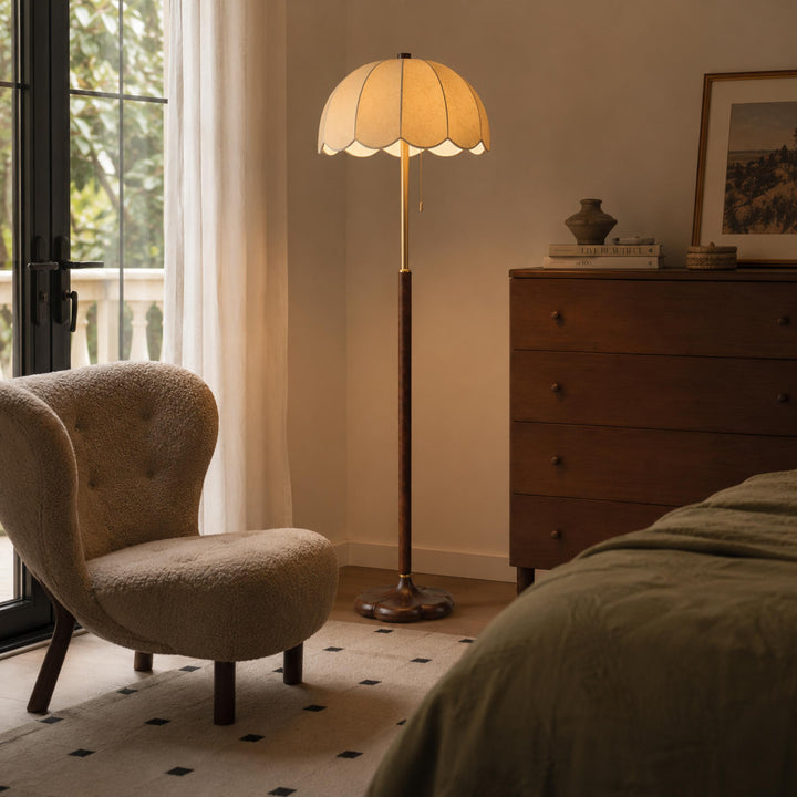 Modern Floor Lamp with Wooden Base and Fabric Shade Adjustable Height E14 Bulb for Living Room