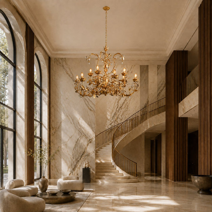 Luxury Crystal Leaf Round Chandelier – Large Gold or Bronze Dining Room & Foyer Light, 36″/48″