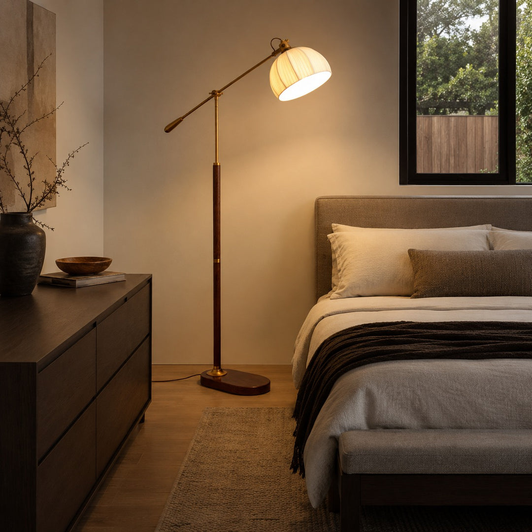 Industrial Floor Lamp Adjustable Height Metal and Wood Construction Dimmable LED for Living Room