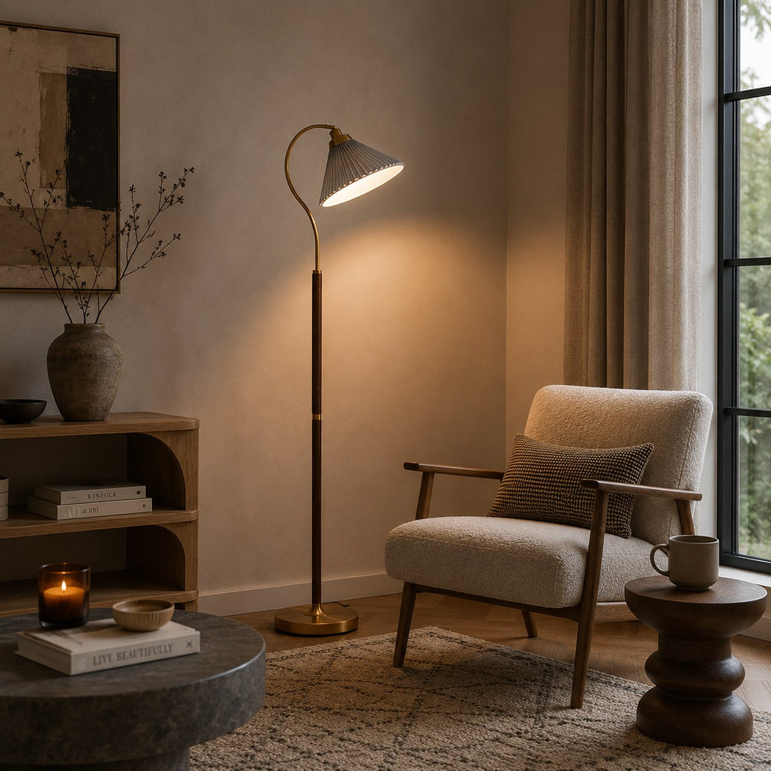 Modern Floor Lamp with Pleated Shade and Wooden Base Adjustable Height for Indoor Use AC 110-240V