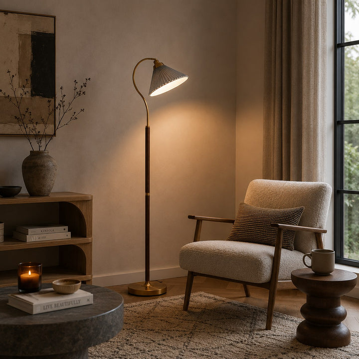 Modern Floor Lamp with Pleated Shade and Wooden Base Adjustable Height for Indoor Use AC 110-240V