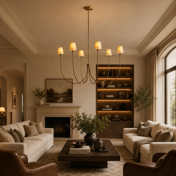 Large Round Chandelier with Off-White Shades – Brass or Bronze