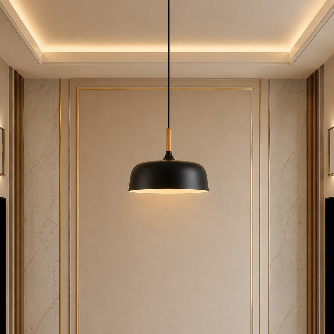 Modern Black Pendant Light Adjustable Hanging Lamp Zinc Alloy and Wood for Kitchen Pendant Lighting