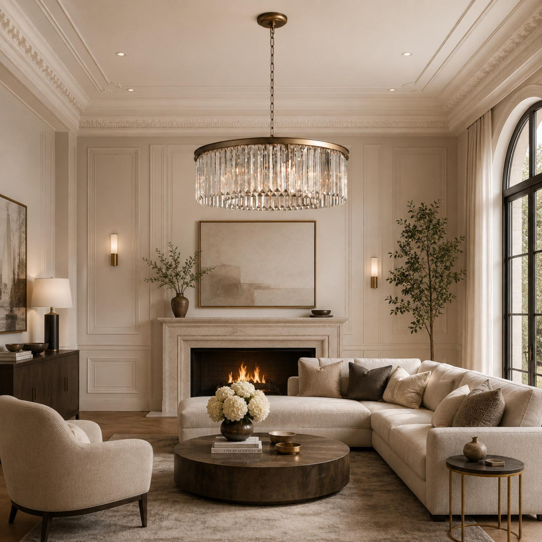 Large 84cm Round K9 Crystal Chandelier – Brass or Bronze 8-Light Art Deco Ceiling Pendant