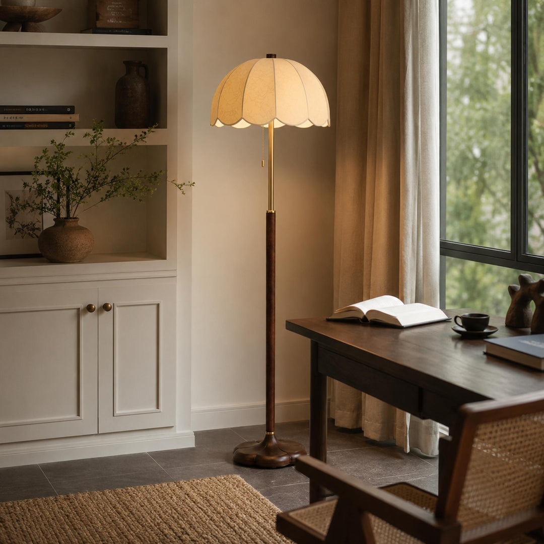 Modern Floor Lamp with Wooden Base and Fabric Shade Adjustable Height E14 Bulb for Living Room