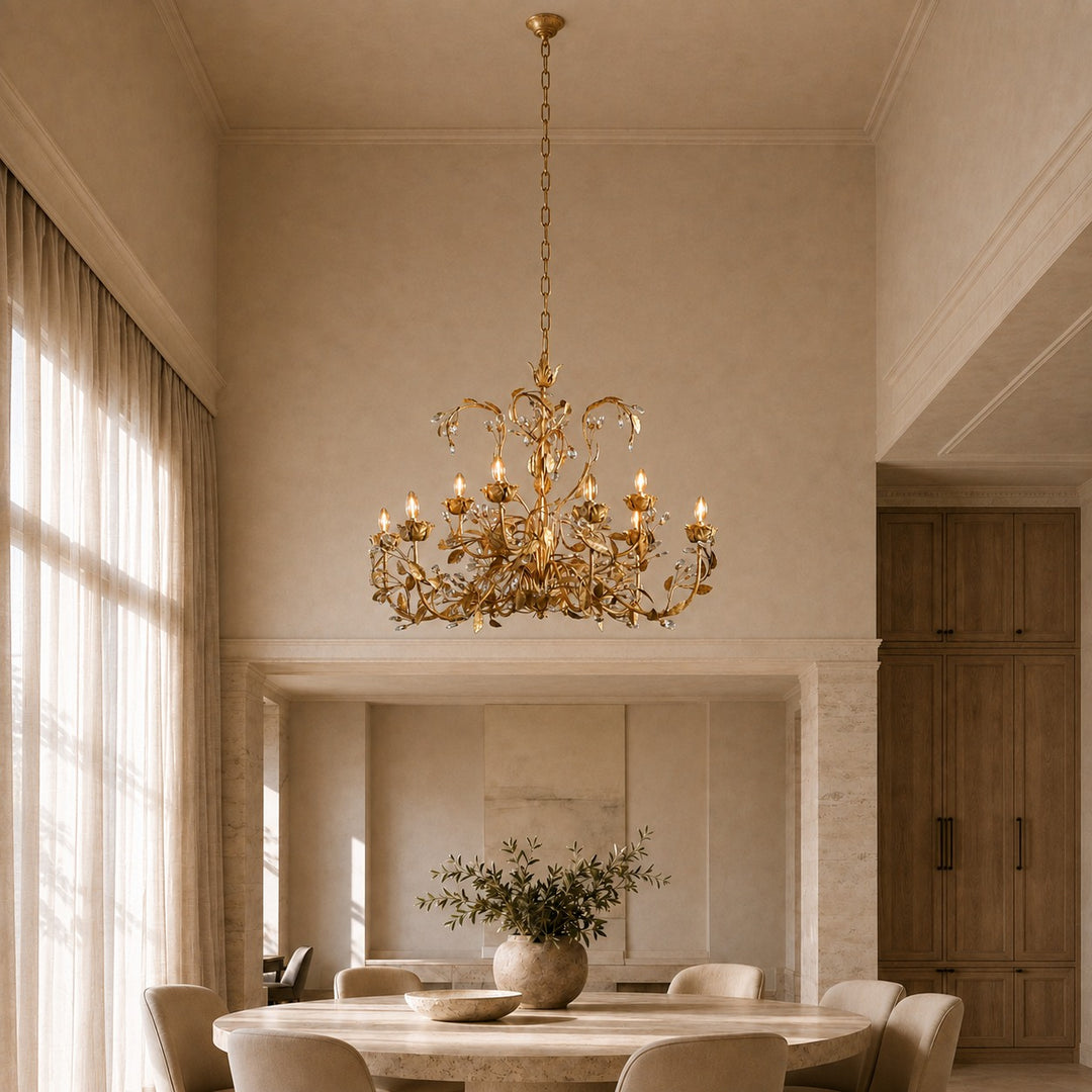 Luxury Crystal Leaf Round Chandelier – Large Gold or Bronze Dining Room & Foyer Light, 36″/48″