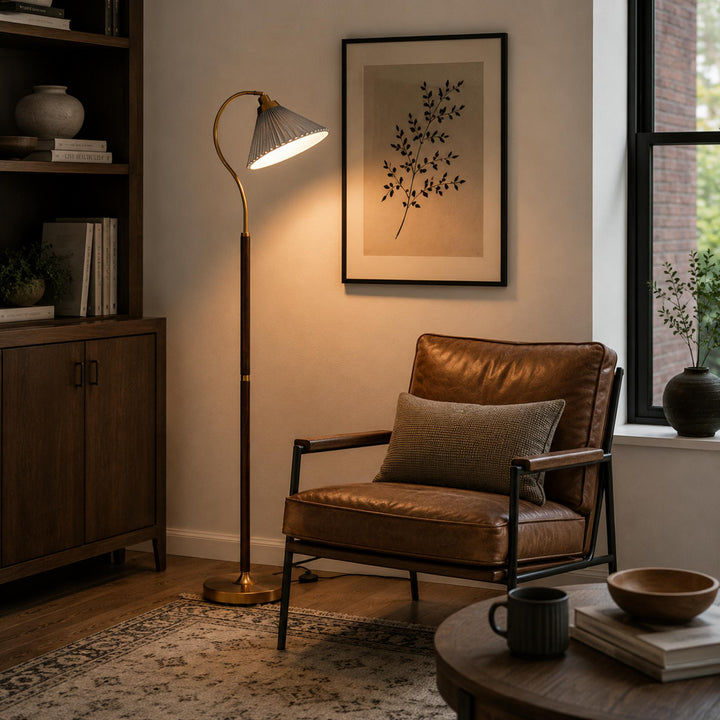 Modern Floor Lamp with Pleated Shade and Wooden Base Adjustable Height for Indoor Use AC 110-240V
