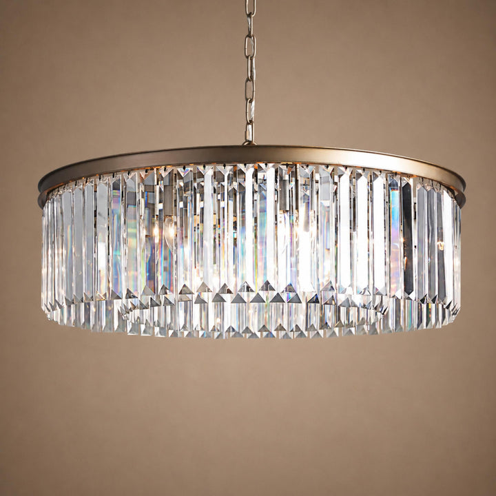 Large 84cm Round K9 Crystal Chandelier – Brass or Bronze 8-Light Art Deco Ceiling Pendant