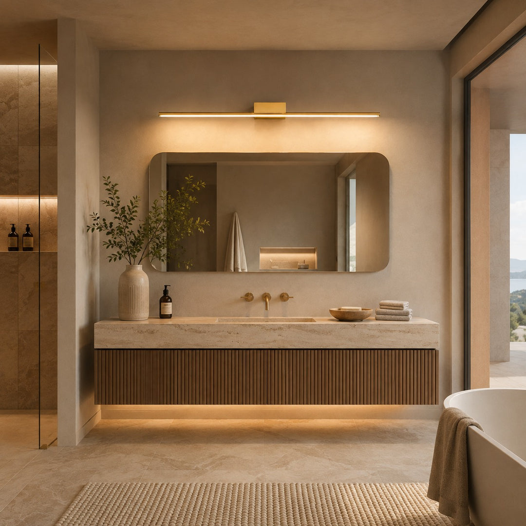 Modern Brass Vanity Light Wall Mounted Slim Cylinder LED Fixture for Bathroom Lighting
