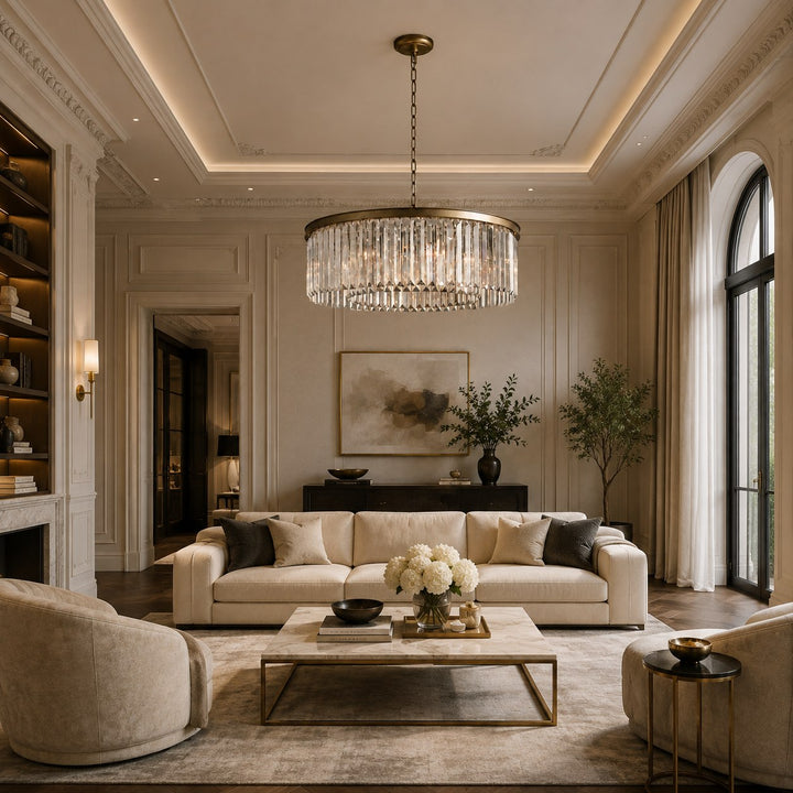 Large 84cm Round K9 Crystal Chandelier – Brass or Bronze 8-Light Art Deco Ceiling Pendant
