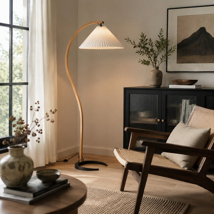 Modern Floor Lamp Adjustable Height Beech Wood Bracket Linen Shade Indoor Use