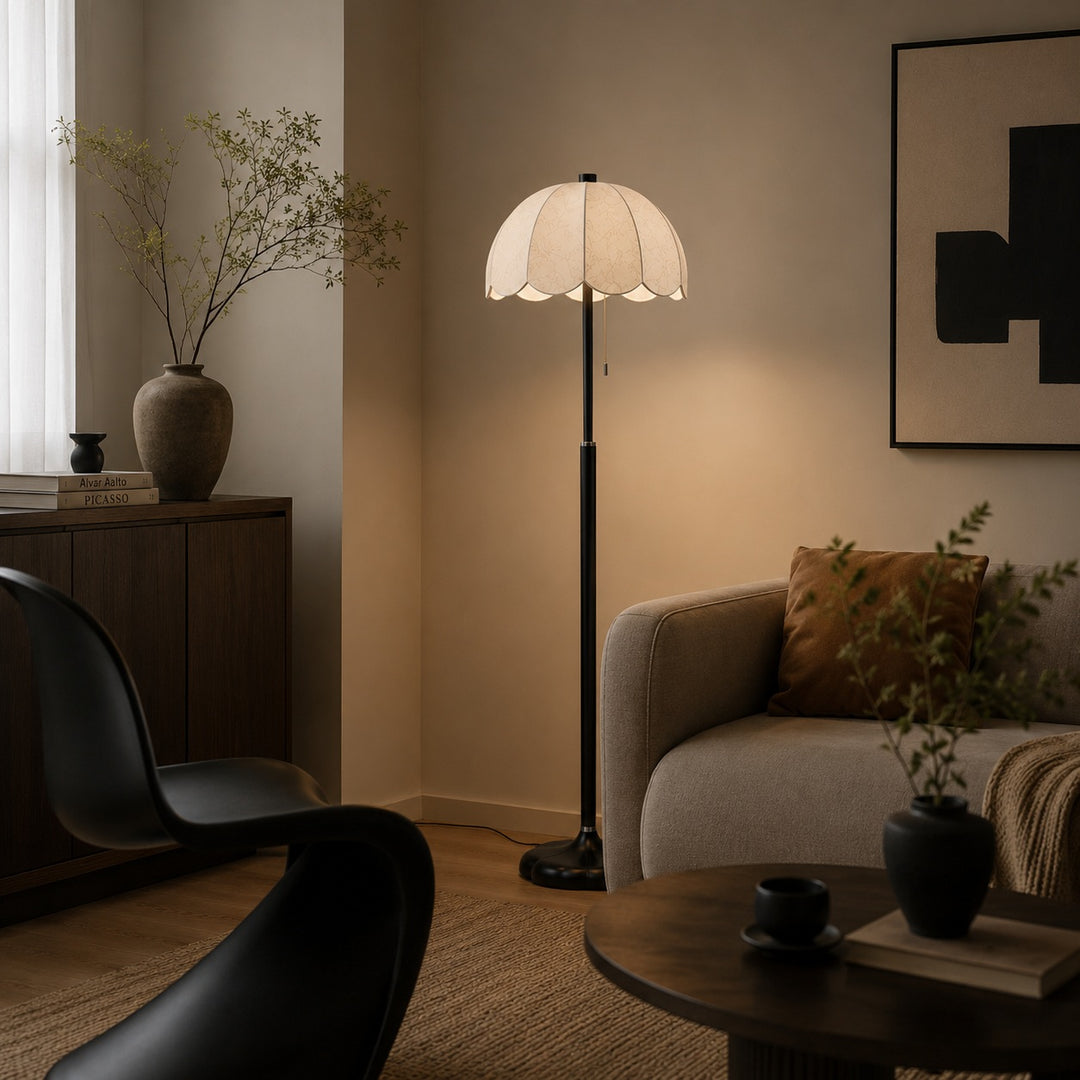 Modern Floor Lamp with Wooden Base and Fabric Shade Adjustable Height E14 Bulb for Living Room