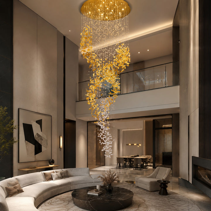 Modern Chandelier Hanging Light Gold Metal Clear Amber Crystal Glass LED