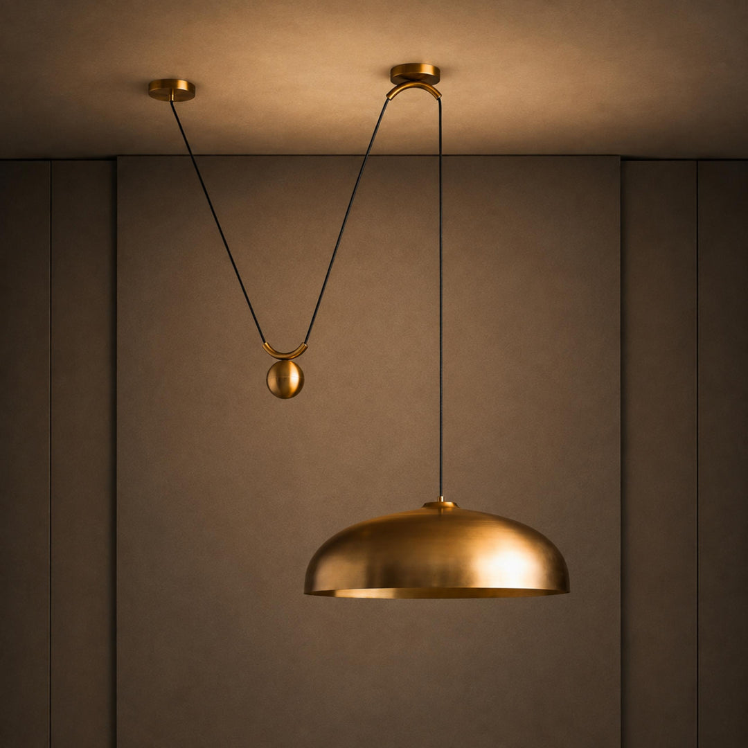 Large Antique Brass Pulley Pendant Light – 24″ Adjustable Industrial Ceiling Light