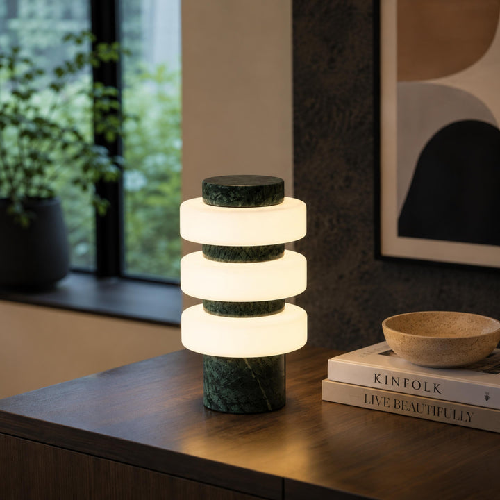 Modern Table Lamp with Travertine Base and Integrated LED for Indoor Use