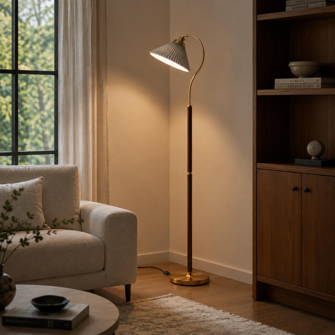 Modern Floor Lamp with Pleated Shade and Wooden Base Adjustable Height for Indoor Use AC 110-240V