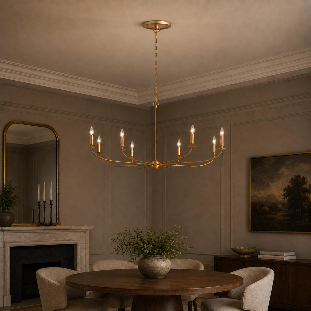 Large Antique Gold Leaf Round Chandelier – 6 or 8 Light Iron Dining Room Ceiling Light