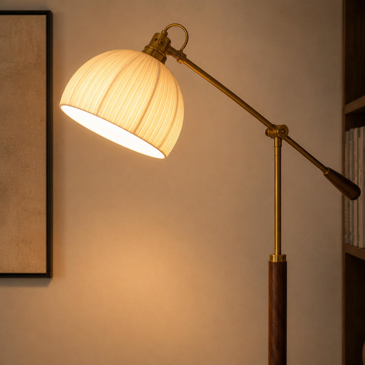 Industrial Floor Lamp Adjustable Height Metal and Wood Construction Dimmable LED for Living Room