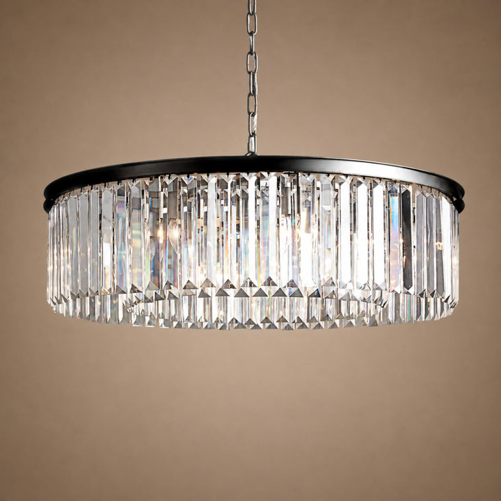 Large 84cm Round K9 Crystal Chandelier – Brass or Bronze 8-Light Art Deco Ceiling Pendant