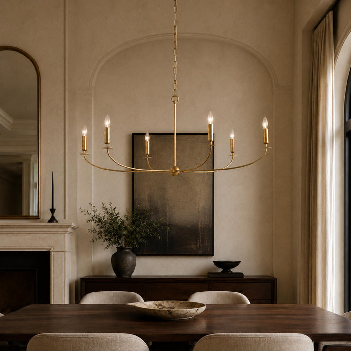 Large Antique Gold Leaf Round Chandelier – 6 or 8 Light Iron Dining Room Ceiling Light