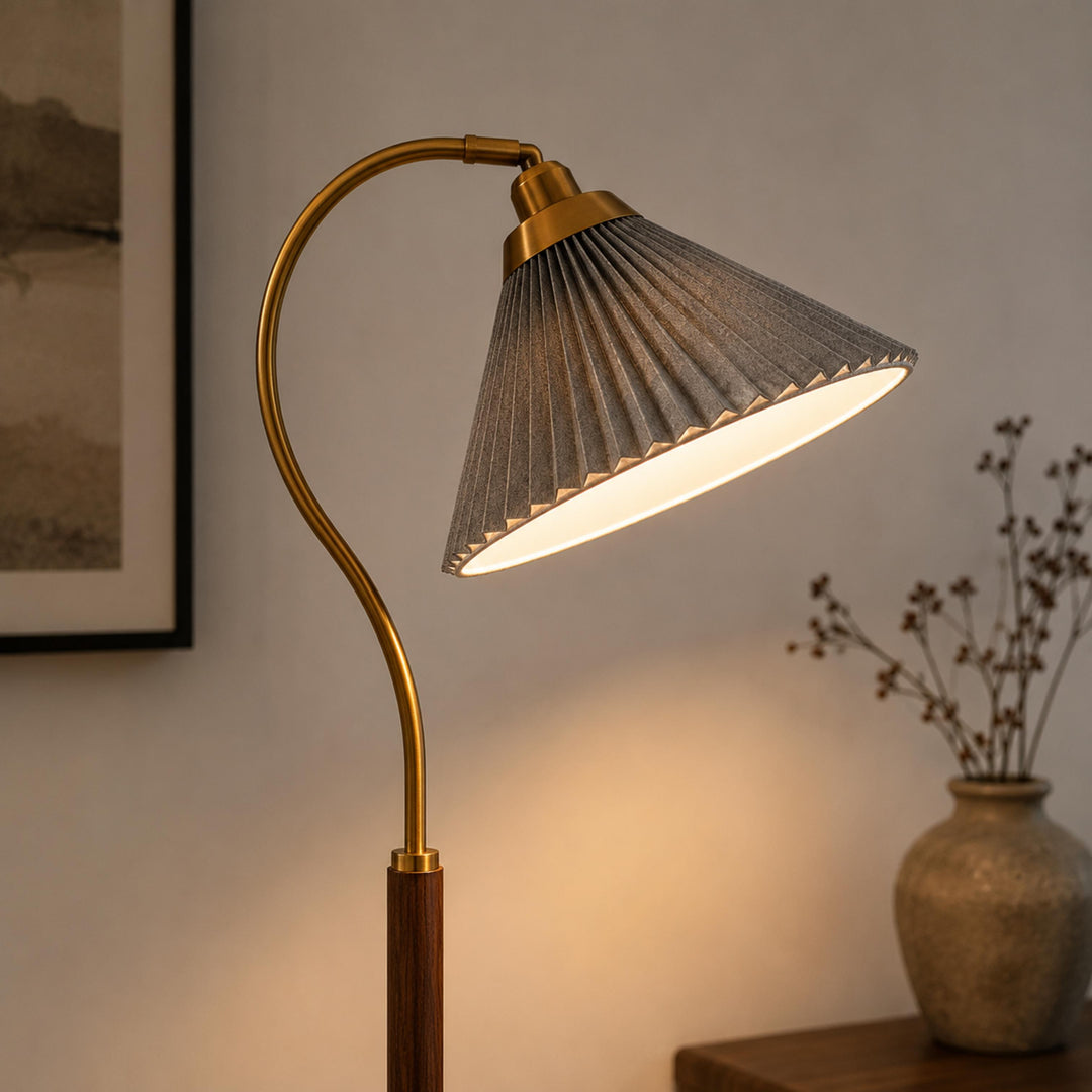 Modern Floor Lamp with Pleated Shade and Wooden Base Adjustable Height for Indoor Use AC 110-240V