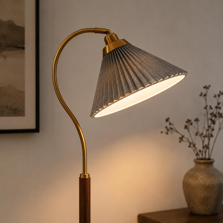 Modern Floor Lamp with Pleated Shade and Wooden Base Adjustable Height for Indoor Use AC 110-240V