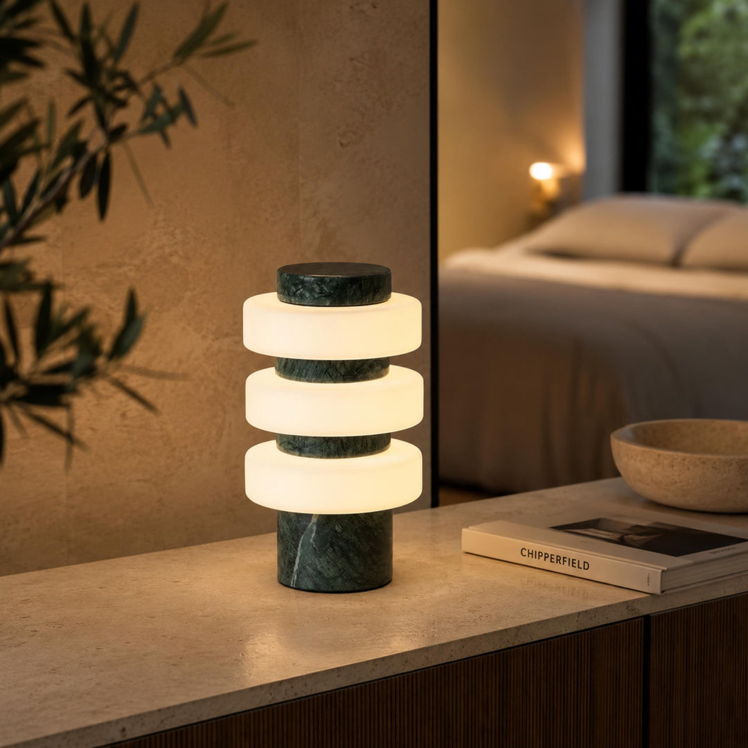 Modern Table Lamp with Travertine Base and Integrated LED for Indoor Use
